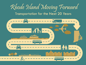 Graphic titled R.I. Moving Forward - Transportation for the next 20 years. Graphic depicts a winding road with images of various means of transportation leading towards an image in the shape of the state of R.I.