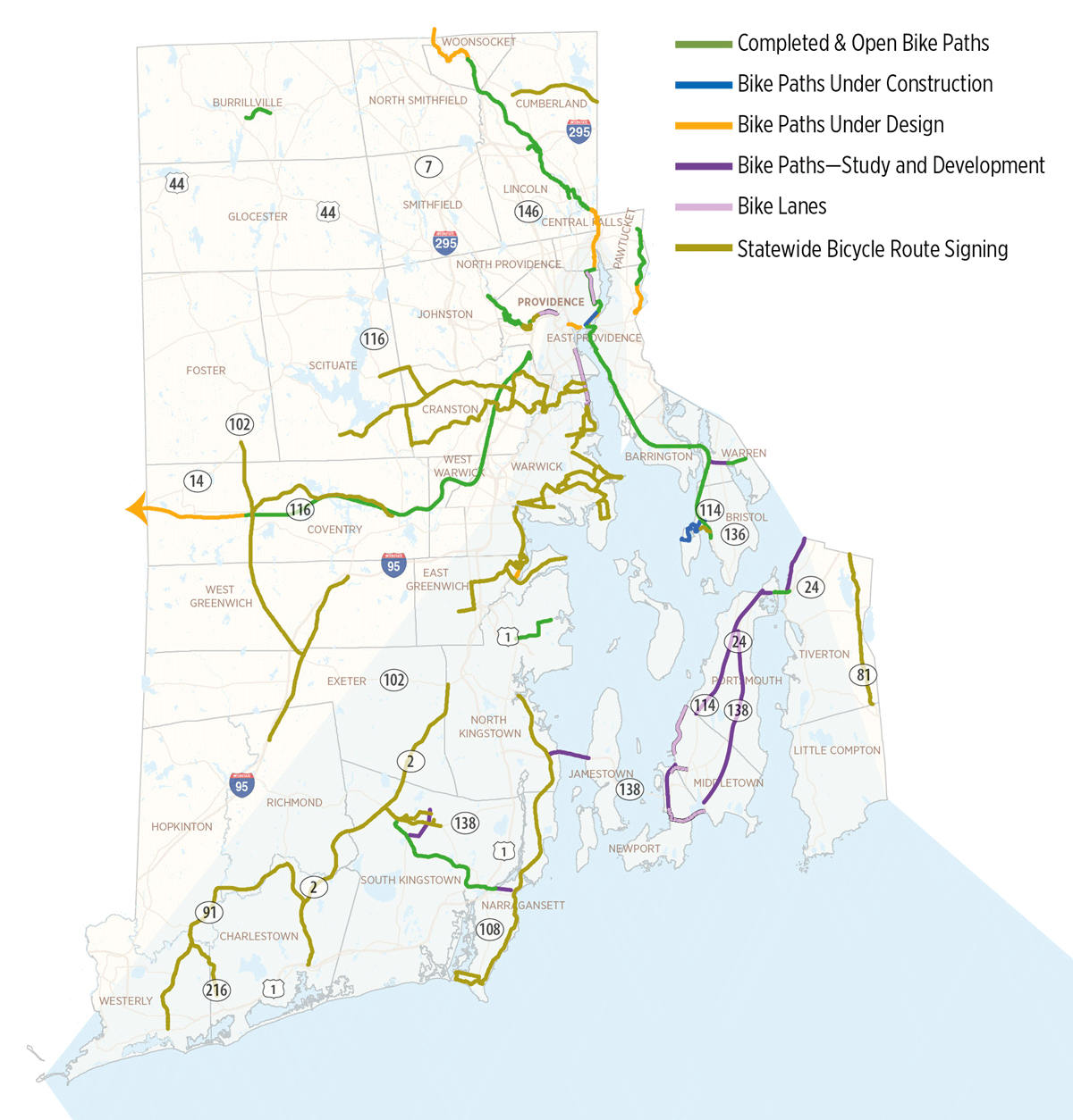 Map of Rhode Island showing indication location of bike paths in various states of development or completion.